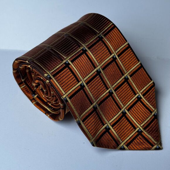 Ermenegildo Zegna Silk Tie Brown Copper Gold Geometric Grid Made in Italy - Picture 1 of 9